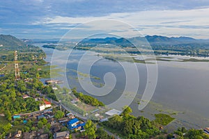 Green Mountain hill with lake or river. Nature landscape background in Phetchabun, Thailand