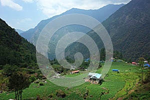 Green mountain landscape. House surrounded by fields Solukhumbu, Everest Region, Nepal photo