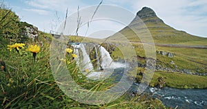 Green mountain peak and Kirkjufellsfoss fall is popular attractions at morning at Iceland, Summertime trip in iceland