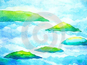 Green mountain range among white blue sky and ocean wave watercolor painting illustration design hand drawn