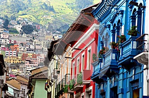 Green mountains and colonial architecture in Quito, Ecuador