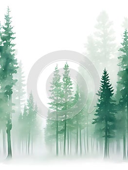 Green Mountains with forest trees in fog. Hand drawn watercolor misty lake and woods landscape. Green watercolor landscape with