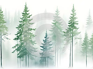 Green Mountains with forest trees in fog. Hand drawn watercolor misty lake and woods landscape. Green watercolor landscape with