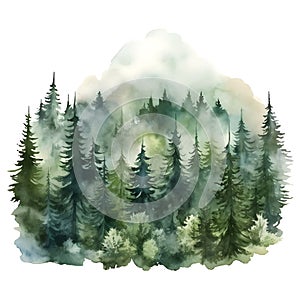 Green Mountains with forest trees in fog. Hand drawn watercolor misty lake and woods landscape. Green watercolor landscape with