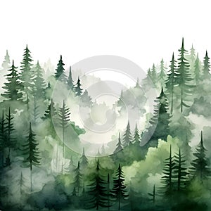 Green Mountains with forest trees in fog. Hand drawn watercolor misty lake and woods landscape. Green watercolor landscape with