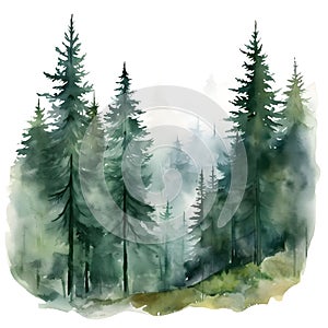 Green Mountains with forest trees in fog. Hand drawn watercolor misty lake and woods landscape. Green watercolor landscape with