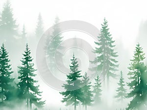 Green Mountains with forest trees in fog. Hand drawn watercolor misty lake and woods landscape. Green watercolor landscape with