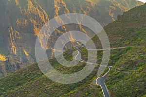 Green mountains hills and winding road near Masca village on a sunny day, Tenerife, Canarian Islands, Spain