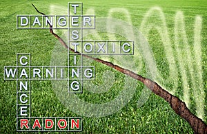 A green mowed lawn with a diagonal crack with radon gas escaping - concept image with crossword puzzle