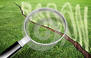 A green mowed lawn with a diagonal crack with radon gas escaping - concept with magnifying glass