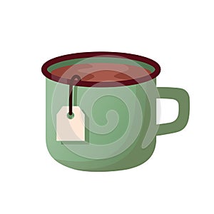 Green mug of tea with teabag illustration. Aluminum mug scandinavian minimalism style. Flat cartoon style.