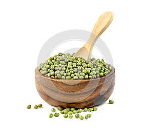 Green mung beans with bowl and wooden spoon isolated on white background