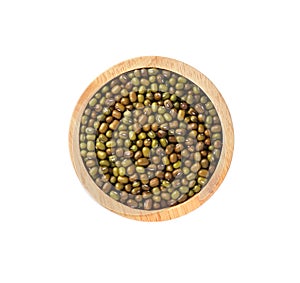 Green mung beans in wooden bowl isolated on white background.Top view