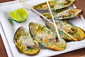 Green mussels fried in sashes with sauce on white plate, selective focus photo
