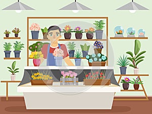 Green natural flower shop interior decorations man florist seller cartoon design vector illustration