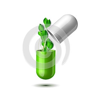 Green natural medical pill with green leaves. Pharmaceutical vector symbol with leaf for pharmastore