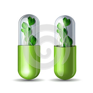 Green natural medical pill with green leaves. Pharmaceutical vector symbol with leaf for pharmastore