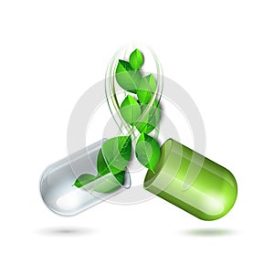 Green natural medical pill with green leaves. Pharmaceutical vector symbol with leaf for pharmastore