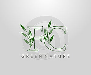 Green Nature Leaf Letter F, C and FC Logo Design. monogram logo. Simple Swirl Green Leaves Alphabet Icon