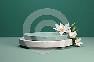 Green Nature Podium with White Flower and Stone Frame. Minimal 3D Display for Beauty