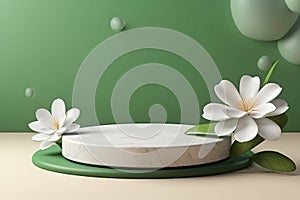 Green Nature Podium with White Flower and Stone Frame. Minimal 3D Display for Beauty