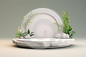 Green Nature Podium with White Flower and Stone Frame. Minimal 3D Display for Beauty