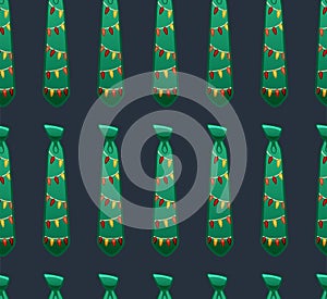 Green neckties with garland print seamless pattern on blue background