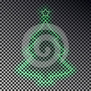 Green neon Christmas tree with star isolated. Transparent light effect. Vector illustration.