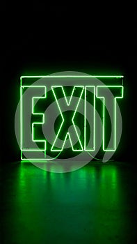 Green Neon Exit Sign Illuminated in the Dark with Reflection
