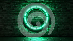 Green neon flashlight circle, on brick wall background