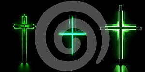 Green neon glowing cross set. Symbol of the crucifixion of Jesus Christ