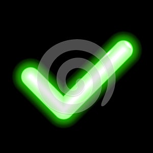 Green neon lamp checkmark icon, tick symbol. Vector