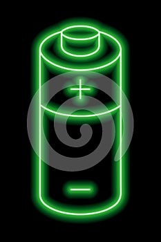 Green neon outline of battery with plus and minus signs on a black background. Charge sign. Electricity, power