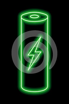 Green neon outline of battery with zipper on a black background. Charge sign. Electricity, power