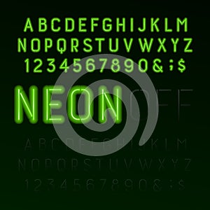 Green neon tube alphabet font. Neon color letters, numbers and symbols. Switched on and switched off.