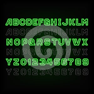Green neon typeface. Light turn on and off.