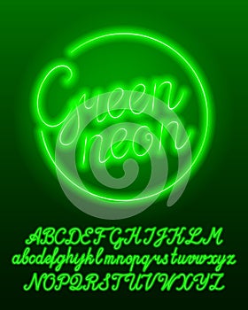 Green neon typescript. Green color light bulb uppercase and lowercase letters and numbers.