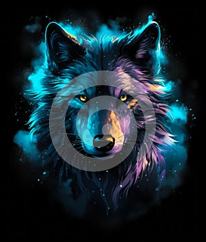 Green neon wolf head. on black poster illustration.