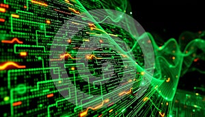 Green network lines abstract, technology connection, digital network, data flow, tech Generative AI