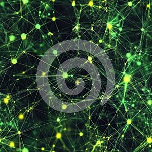 Green network mesh glowing and connecting data points