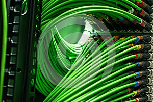 Green network wires connected to the server