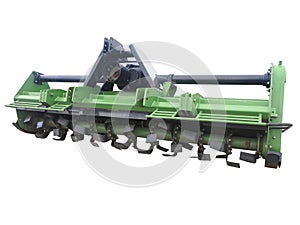 Green new farm cultivator plow for tractors isolated over white