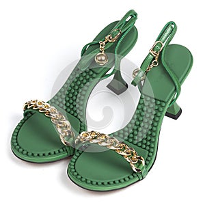 Green New Fashionable Women's High Heels With Gold Chain on white background