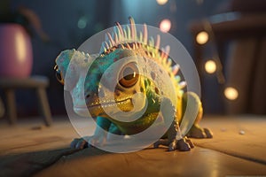 The Green Night: A Cool Photorealistic Cartoon Chameleon in Front of Blurred Lights
