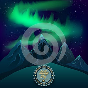 Green northern lights over mountains realistic vector night.