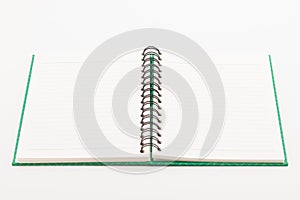 Green notebook open.