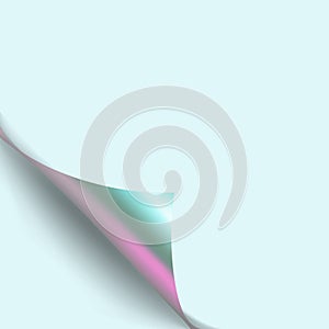 Green notepad paper with curled shiny glossy corner with shadow under it. Curled glossy shiney metallic page corners photo