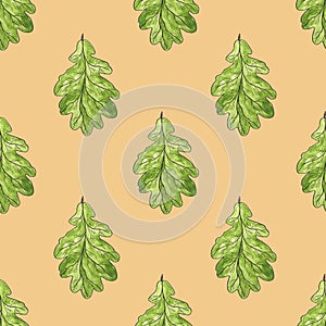 Green oak leaves on a beige background. Seamless pattern. Watercolor illustration. Nature. ecology. For printing on