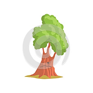 Green oak tree with face. Forest or park plant. Landscape construction element. Flat vector design for mobile game or