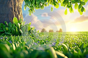 A green oak tree in the morning. A stunning view of the summer landscape.